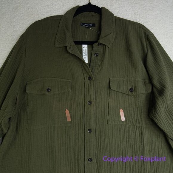 New! Madewell Lightspun Flap Pocket Oversized Ex-Boyfriend Shirt  green, size 1X - Picture 4 of 16